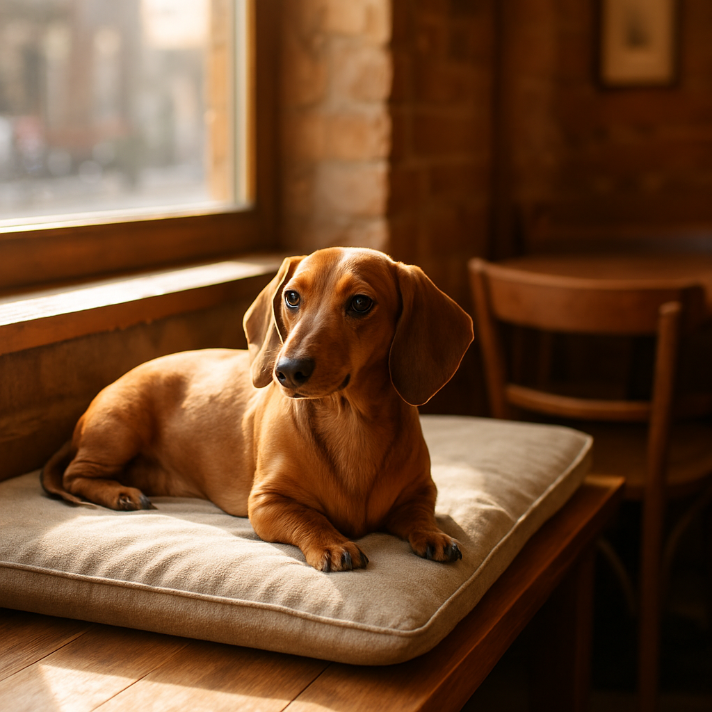 Dachshund resting on a café bench