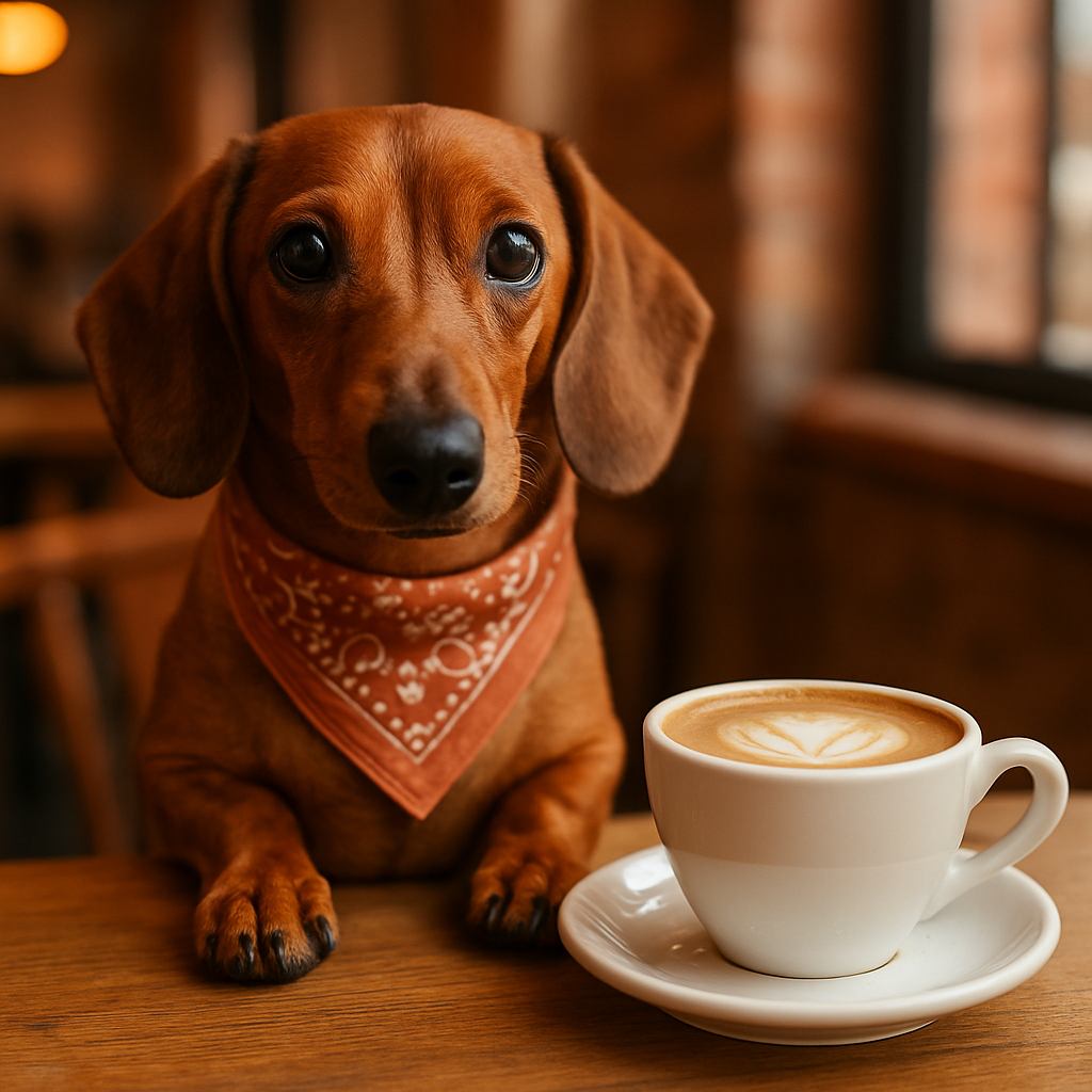 Dachshund next to a coffee cup