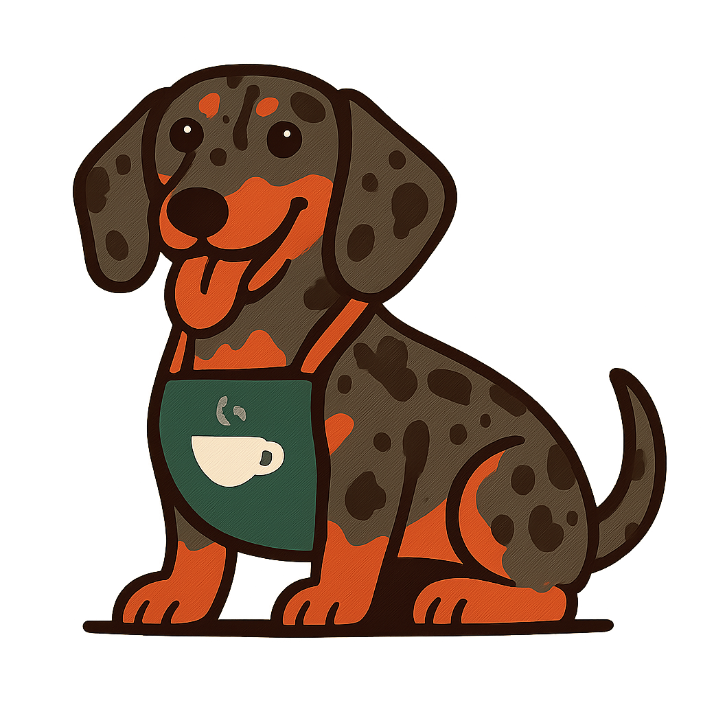 Zucchini the harlequin dachshund wearing a little barista apron
